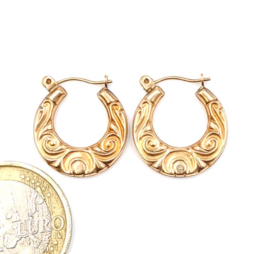 545 - A stunning pair of hooped 9 carat gold earrings, set with folaite motif to each.