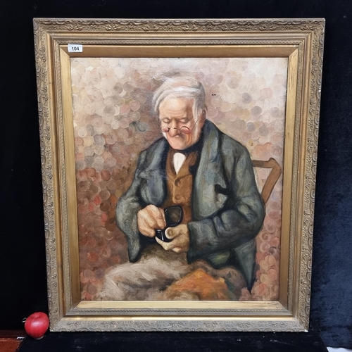 104 - A large and wonderfully rendered original oil on canvas painting showing a kindly old gentleman in p... 