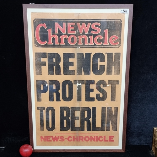 64 - A large vintage genuine WWII newspaper poster from the News Chronicle with the headline 