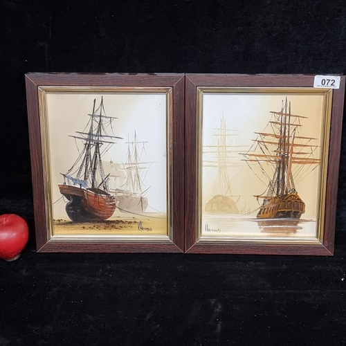 72 - Two original oil on canvas paintings by the artist Kenneth Hammond showing tall ships in sepia tones... 