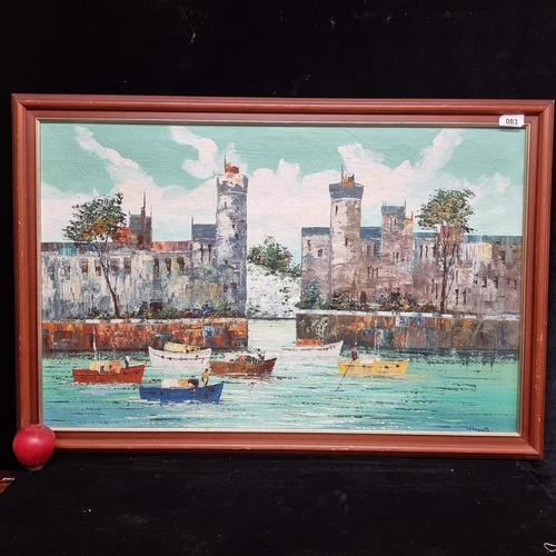 83 - A large original oil on canvas painting showing the gates of La Rochelle Harbour. Fishing boats line... 