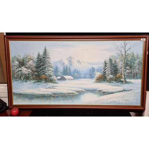 85 - A very large original oil on canvas painting featuring a wintery landscape scene of a cottage nestle... 