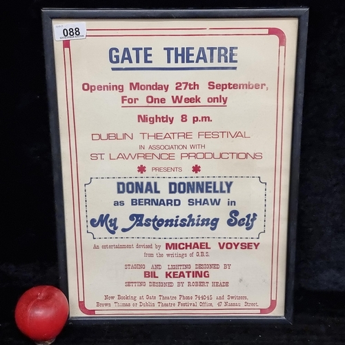 88 - A vintage framed 100% genuine theatre show card for the Gate Theatre advertising Donal Donnelly in 