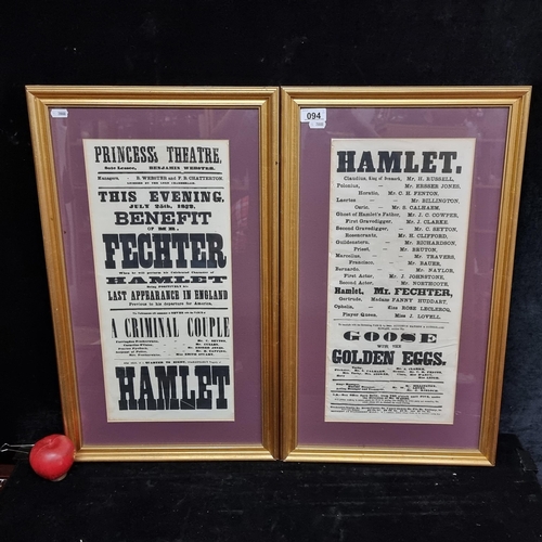 94 - Two framed 100% genuine antique 19th century theatre show cards for the Princess Theatre London adve... 