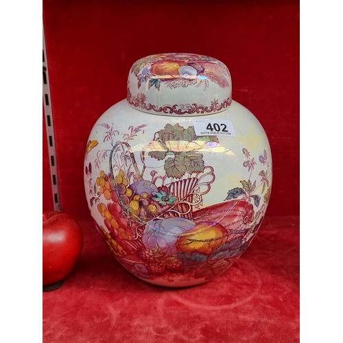 402 - A gorgeous  very large Mason's Ironstone ginger jar in the 'Fruit Basket' pattern. Boasting a rich c... 