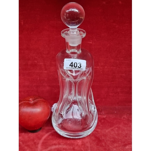 403 - A wonderful hand blown glug glug  glass decanter with an unusual pressed hourglass form for slow pou... 