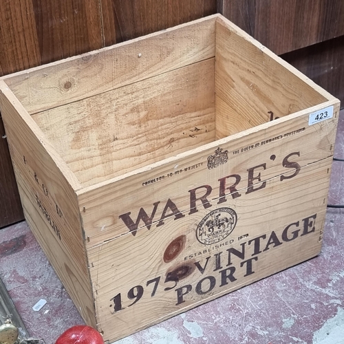 423 - A wooden Warre's 1975 Vintage Port crate retailed by F. & Co. Ltd. Dublin.