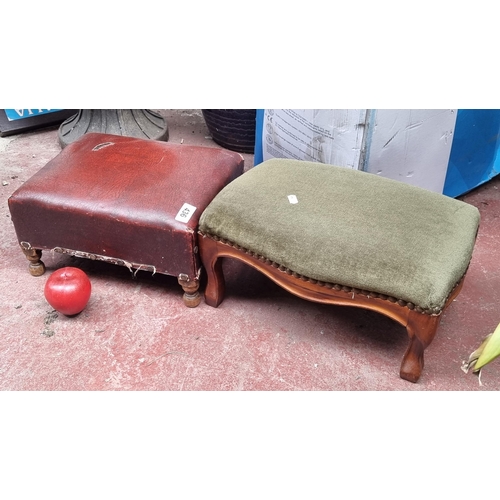 436 - Two charming foot stools including an antique ox blood leather example with brass studs and turned w... 