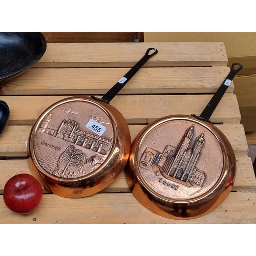 455 - A charming pair of decorative French copper pans illustrated with lovely local beauty spots in high ... 