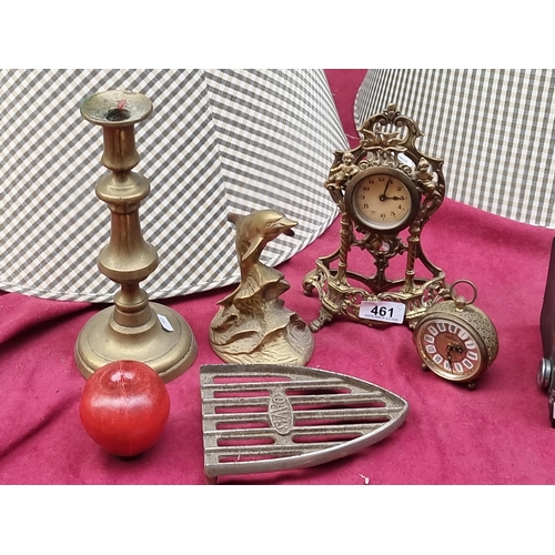 461 - A mixed lot of five nice vintage objects. Comprising of two beautifully ornate brass clocks, a heavy... 