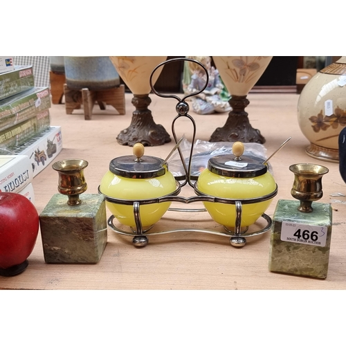 466 - Three fabulous vintage items. Including an elegant pair of heavy green marble cube shaped candlestic... 