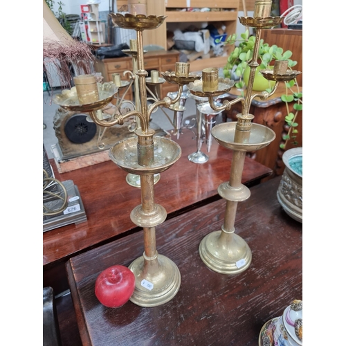 656 - A stunning pair of 19th century church  solid brass three branch ecclesiastical candlesticks - heavy... 