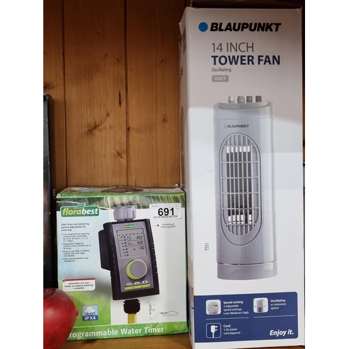 691 - A Florabest programmable water timer and a Blaupunkt 14 Inch tower fan in grey. Both in original box... 