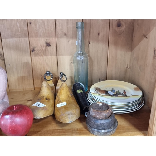 702 - A mixed lot of 13 items including two vintage wooden shoe molds, a vintage pulley, three lead weight... 