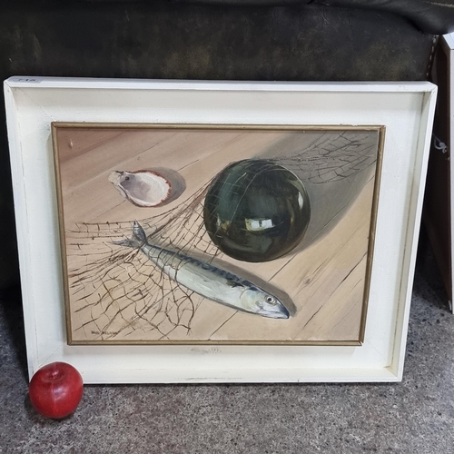 715 - An original oil on canvas painting by the artist Paul Meehan showing a still life of a mackerel, a g... 