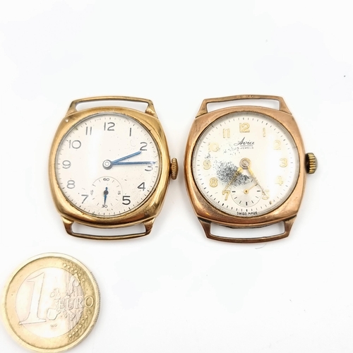 18 - Two vintage 9 carat gold wrist watch faces, the first is a Avia 18 jewel example. Both faces are set... 