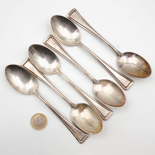 46 - A set of six European silver 800 desert spoons, set with nicely formed body and initialled finials. ... 