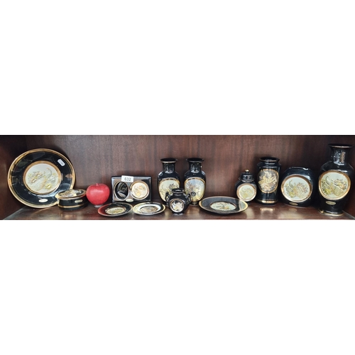 632 - A selection of twelve Japanese Chokin ceramics. With 24 karat gold detailing and central bird themed... 