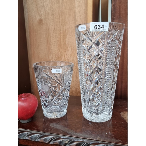 634 - A pair of elegant cut crystal vases including a large 10'' Waterford Crystal example in the Clare pa... 