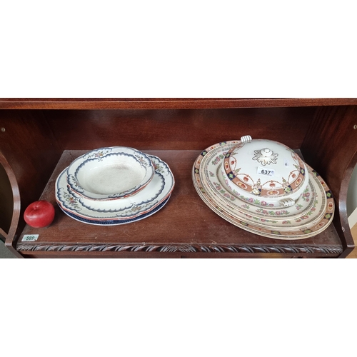 637 - A mixed lot of ten antique fine china and ironstone serving crockery and delph. Including three love... 