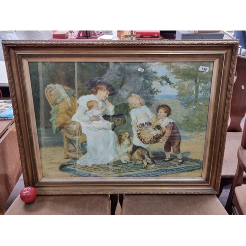 638 - An antique framed large Edwardian chromolithograph. Depicting a young mother in her outdoor lingerie... 