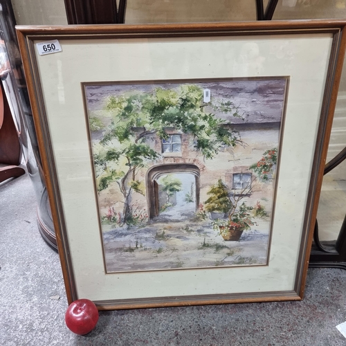 650 - A beautiful framed watercolour painting of a sun dappled courtyard scene. Nicely rendered by the art... 