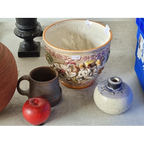 931 - Three ceramic items including a highly ornate italian made platner with high relief scene of a lands... 