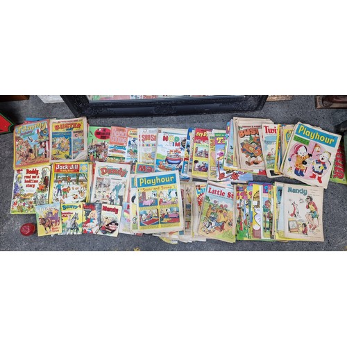 698 - A large box filled with  vintage comics, magazines and albums including the Beezer, Dandy, The Beano... 