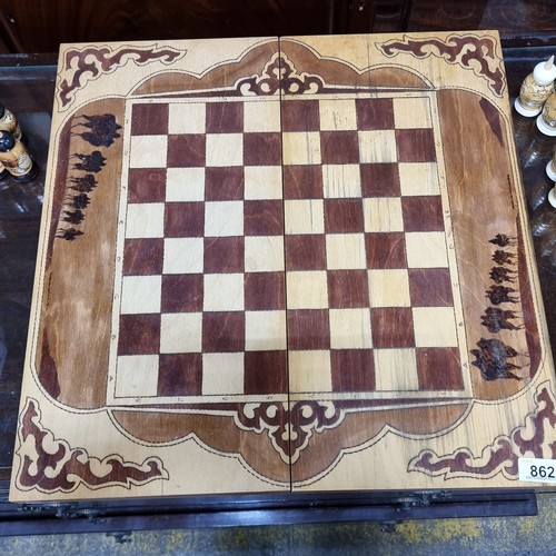 862 - Star Lot : A beautiful hand carved wooden chess set with parquetry board and all pieces with hand pa... 