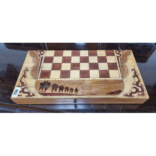 862 - Star Lot : A beautiful hand carved wooden chess set with parquetry board and all pieces with hand pa... 