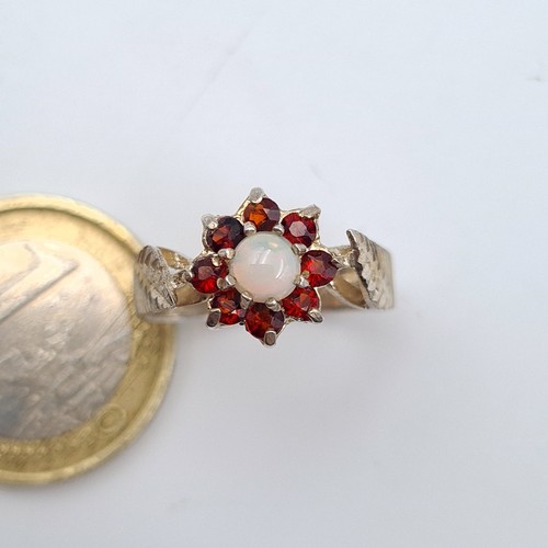 5 - A truly beautiful vintage sterling silver hallmarked Fire Opal and Garnet floral cluster ring, featu... 