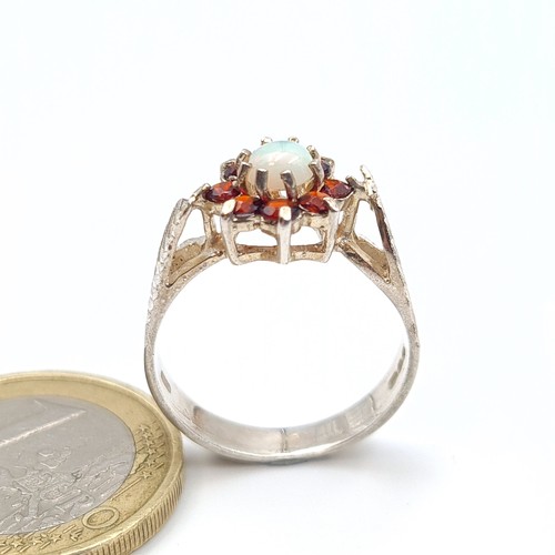 5 - A truly beautiful vintage sterling silver hallmarked Fire Opal and Garnet floral cluster ring, featu... 