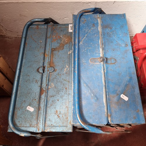 445 - Two metal accordion tool boxes in a sky blue shade. With a collection of screws and other DIY items.