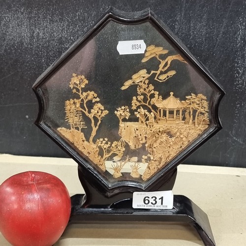 631 - An unusual Fujian China cork diorama. Housed in a freestanding diamond frame with hand-carved pagoda... 