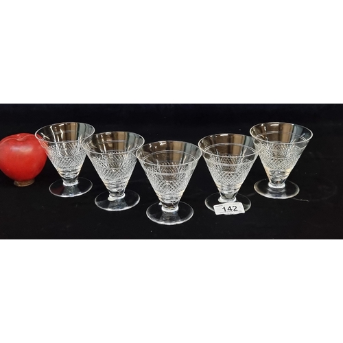 142 - A lovely set of five Waterford Crystal short juice glasses on the Rossmore pattern. These are beauti... 