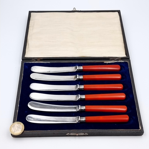 30 - A fabulous set of six vintage boxed butter knives, featuring possible red coral handles and Sterling... 