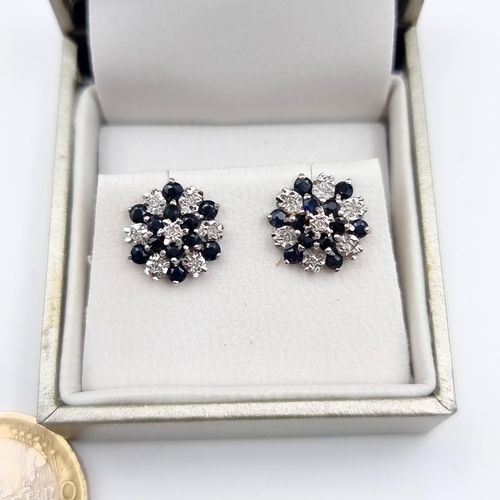 42 - Star Lot : A sparkling pair of 9 carat gold floral cluster Diamond and Sapphire stud earrings, these... 