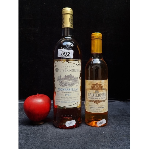 592 - Two sealed bottles of alcohol including a 75cl bottle of Chateau Haute-Fonrousse Monbazillac 1995 an... 