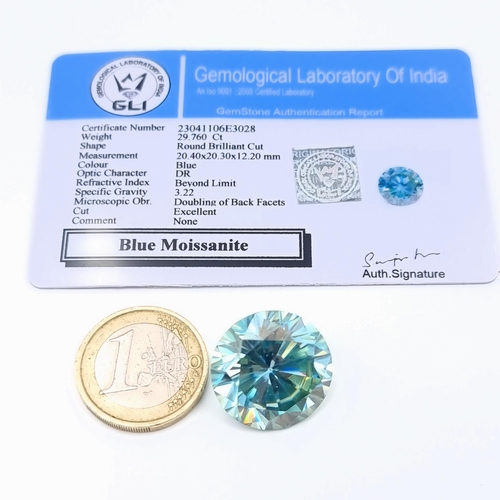 611 - A certified Ocean Blue Moissanite rare brilliant cut stone, of 29.76 carats. An excellent stone, whi... 