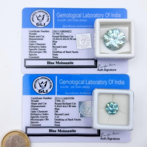 628 - A collection of two certified brilliant cut Ocean Blue Moissanites, consisting of a 15.75 large exam... 