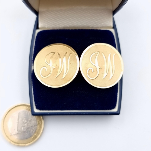 647 - Star Lot : A very fine pair of 14 carat gold vintage bar cuff links, stamped 14K. Initialled 