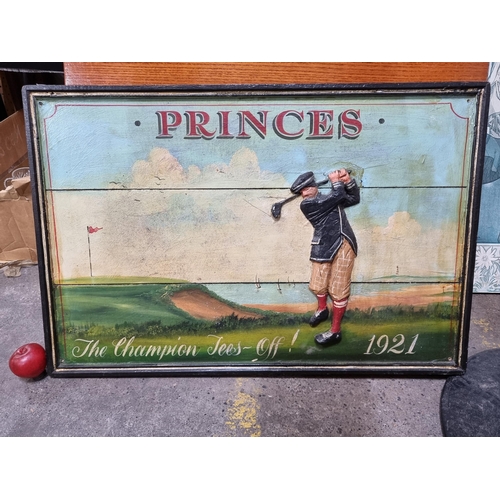 681 - A wonderful wooden wall ornament for Princes golf course featuring a high relief golf player mid-swi... 