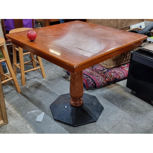 683 - Five well made café tables from Selva Style International with square solid wood tops and turned woo... 