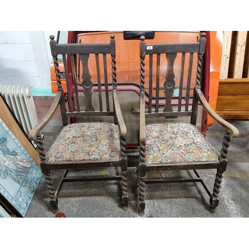 685 - Two fantastic antique oak dining chairs with open slatback backrests, rope twist supports and padded... 