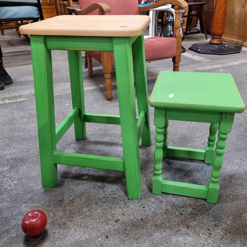 694 - Two charming wooden stools including a tall example with a smaller featuring turned legs. Both in a ... 