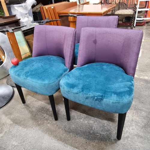 696 - A set of three striking armchairs by Sandalyeci with plush cushions in a turquoise shade and deep pu... 