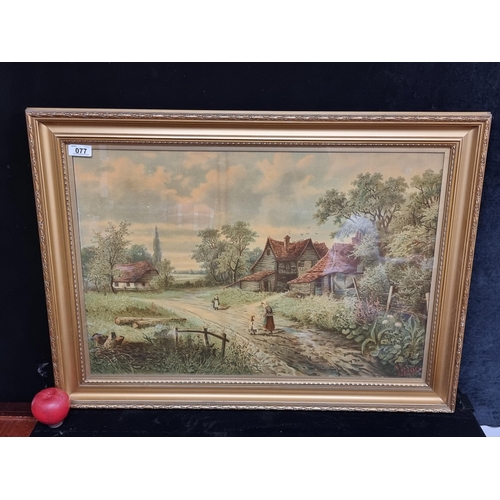 77 - A large oleograph of an artwork originally by the artist J. Harnack. Depicts a rural village scene o... 