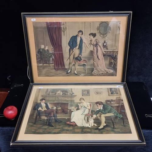 67 - Two good sized antique chromolithographs featuring regency scenes one titled 