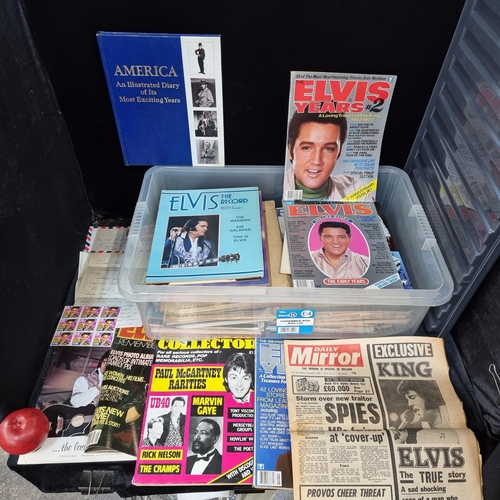 705 - A box filled with vintage B books, newspaper Headlines and Magazines concerned with Elvis Presley in... 