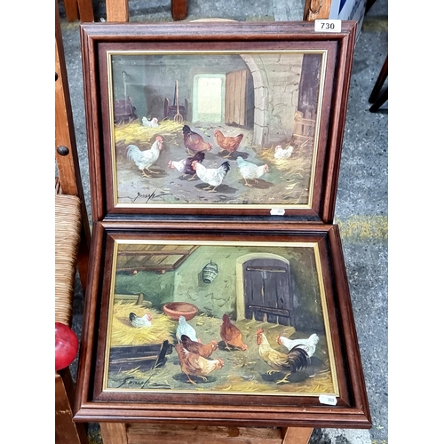 730 - Two charming original oil on canvas paintings depicting hens and roosters in in the warmth of their ... 